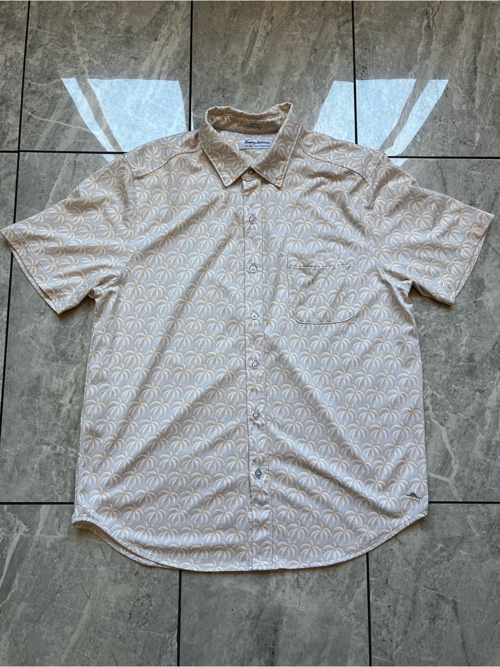 Tommy Bahama San Lucio Palminade Knit Stretch Shirt Men Khaki Palm Embroidered L